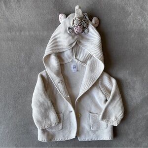 EUC Baby Gap Knit Unicorn Hoodie Cardigan, Cream, 3-6 Months